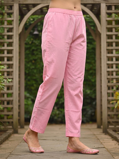 Solid Floral Embroidered Anarkali Kurta with Pant & Dupatta - Pink