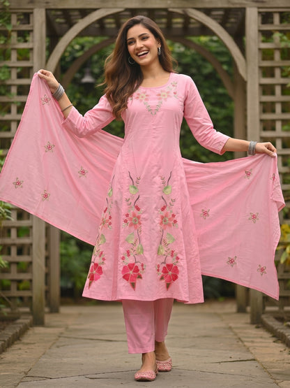 Solid Floral Embroidered Anarkali Kurta with Pant & Dupatta - Pink