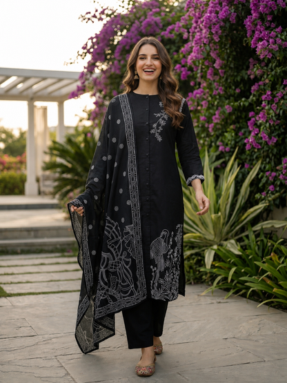 Thread Embroidered Straight Kurta with Pant and Dupatta - Black