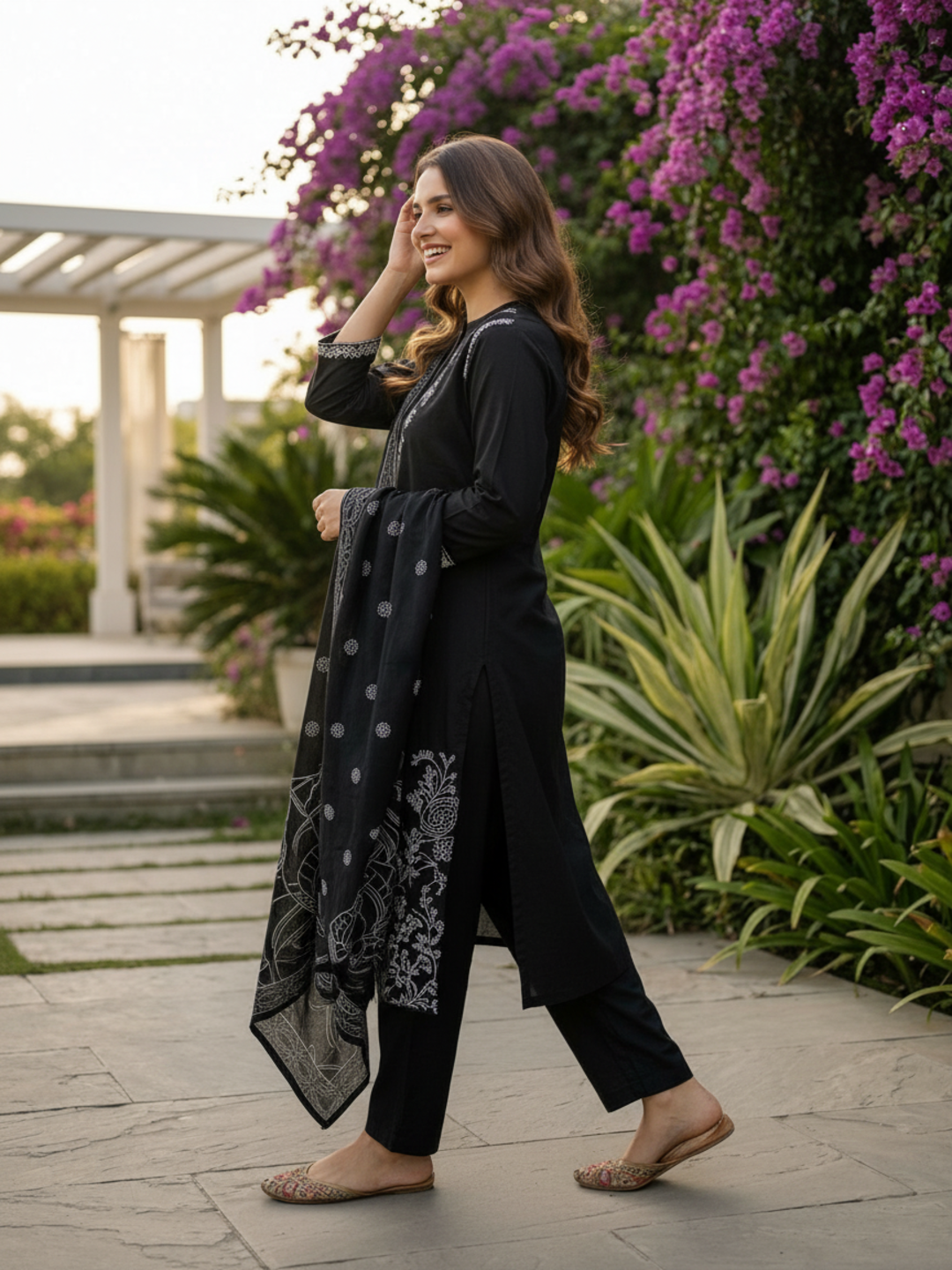Thread Embroidered Straight Kurta with Pant and Dupatta - Black
