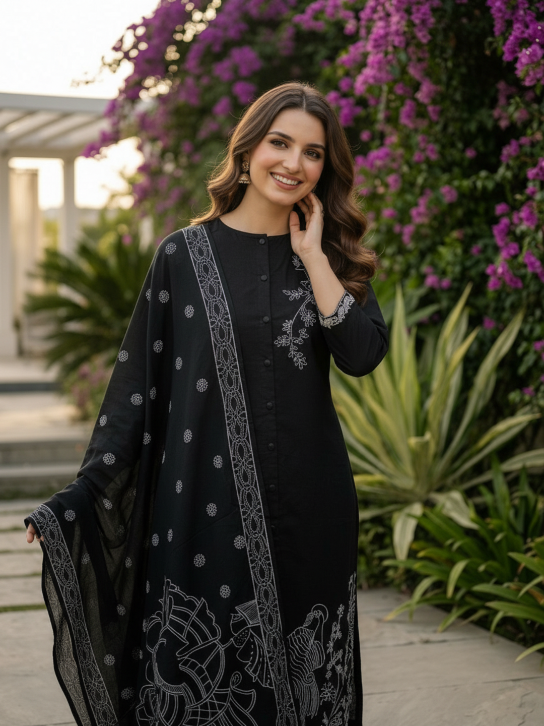 Thread Embroidered Straight Kurta with Pant and Dupatta - Black