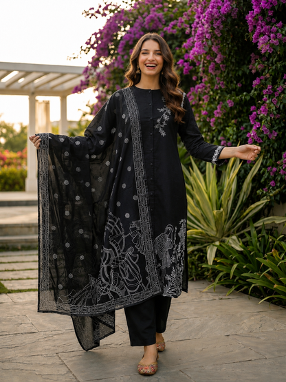 Thread Embroidered Straight Kurta with Pant and Dupatta - Black