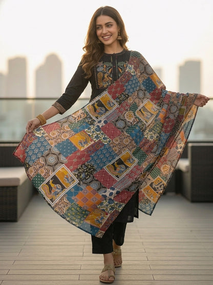 Floral & Bird Embroidered Straight Kurta with Pant and Dupatta - Black