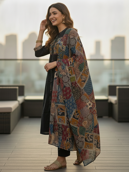 Floral & Bird Embroidered Straight Kurta with Pant and Dupatta - Black
