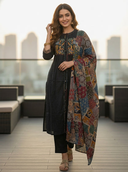 Floral & Bird Embroidered Straight Kurta with Pant and Dupatta - Black