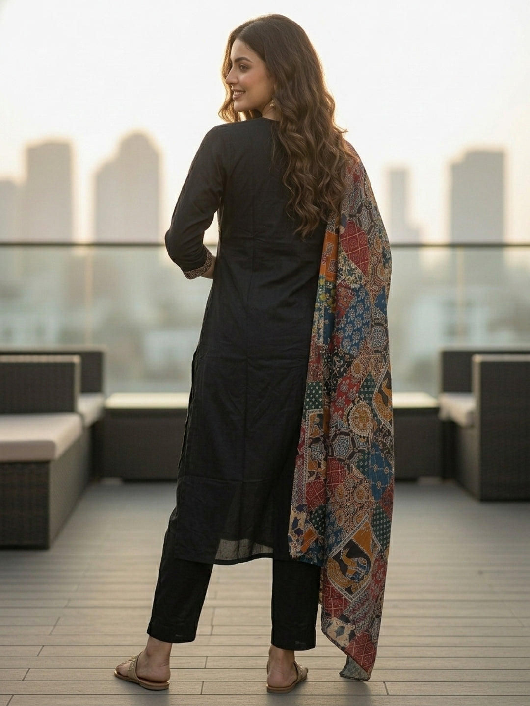 Floral & Bird Embroidered Straight Kurta with Pant and Dupatta - Black