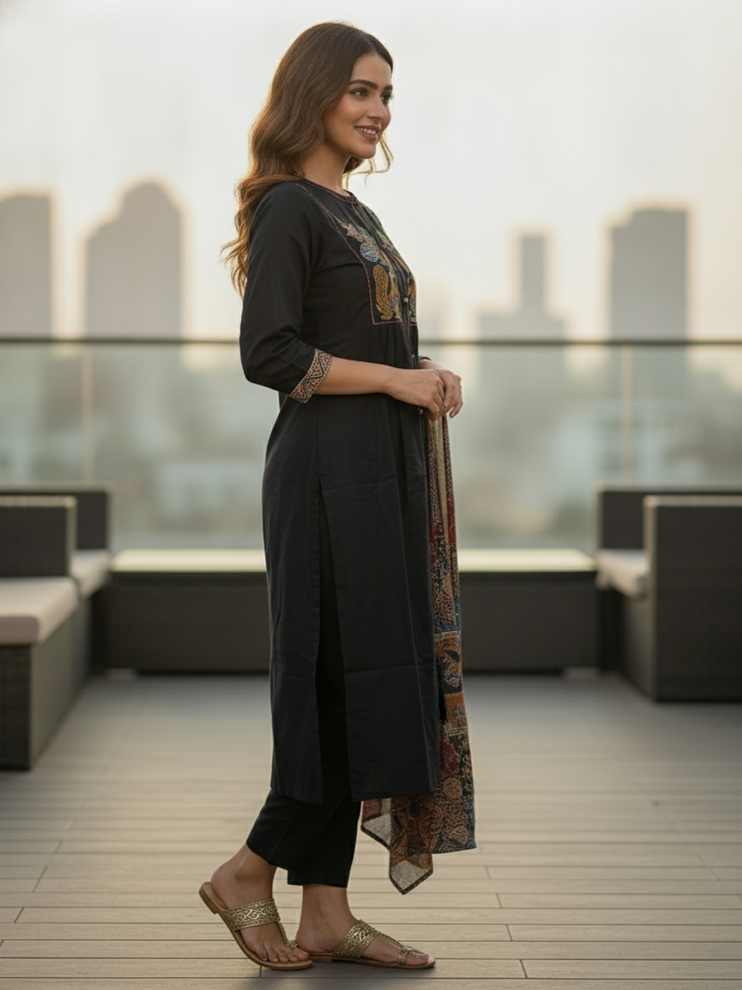 Floral & Bird Embroidered Straight Kurta with Pant and Dupatta - Black