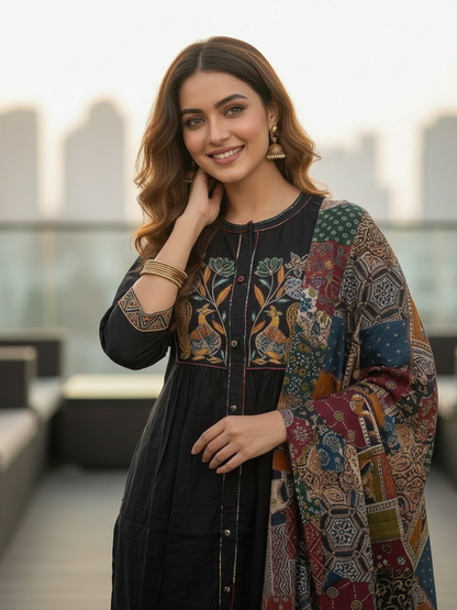 Floral & Bird Embroidered Straight Kurta with Pant and Dupatta - Black