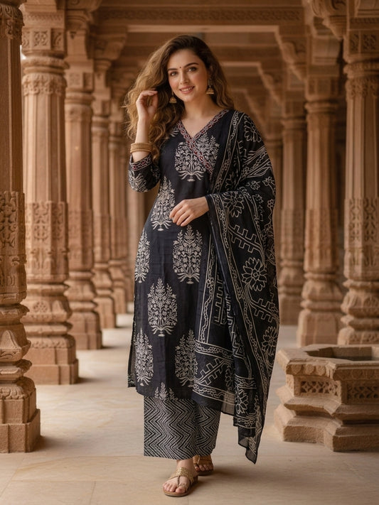 Black Floral Printed Kantha Work A-Line Kurta with Palazzo & Dupatta