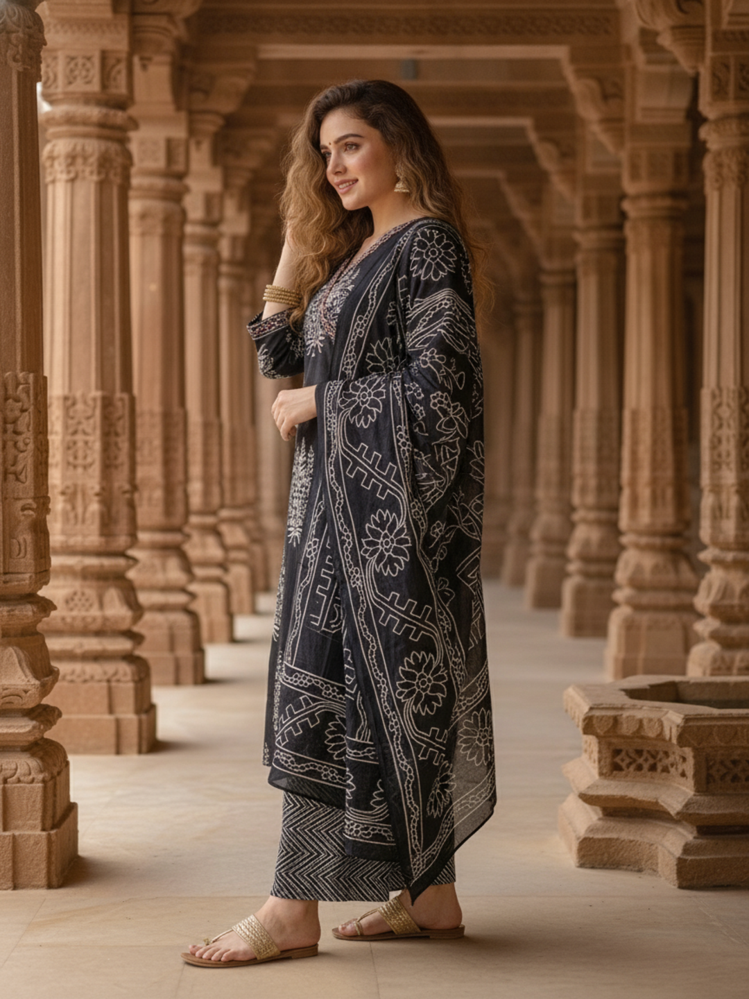 Black Floral Printed Kantha Work A-Line Kurta with Palazzo & Dupatta