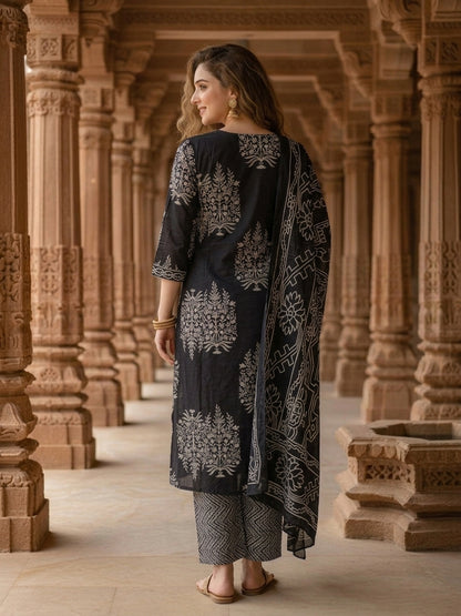 Black Floral Printed Kantha Work A-Line Kurta with Palazzo & Dupatta