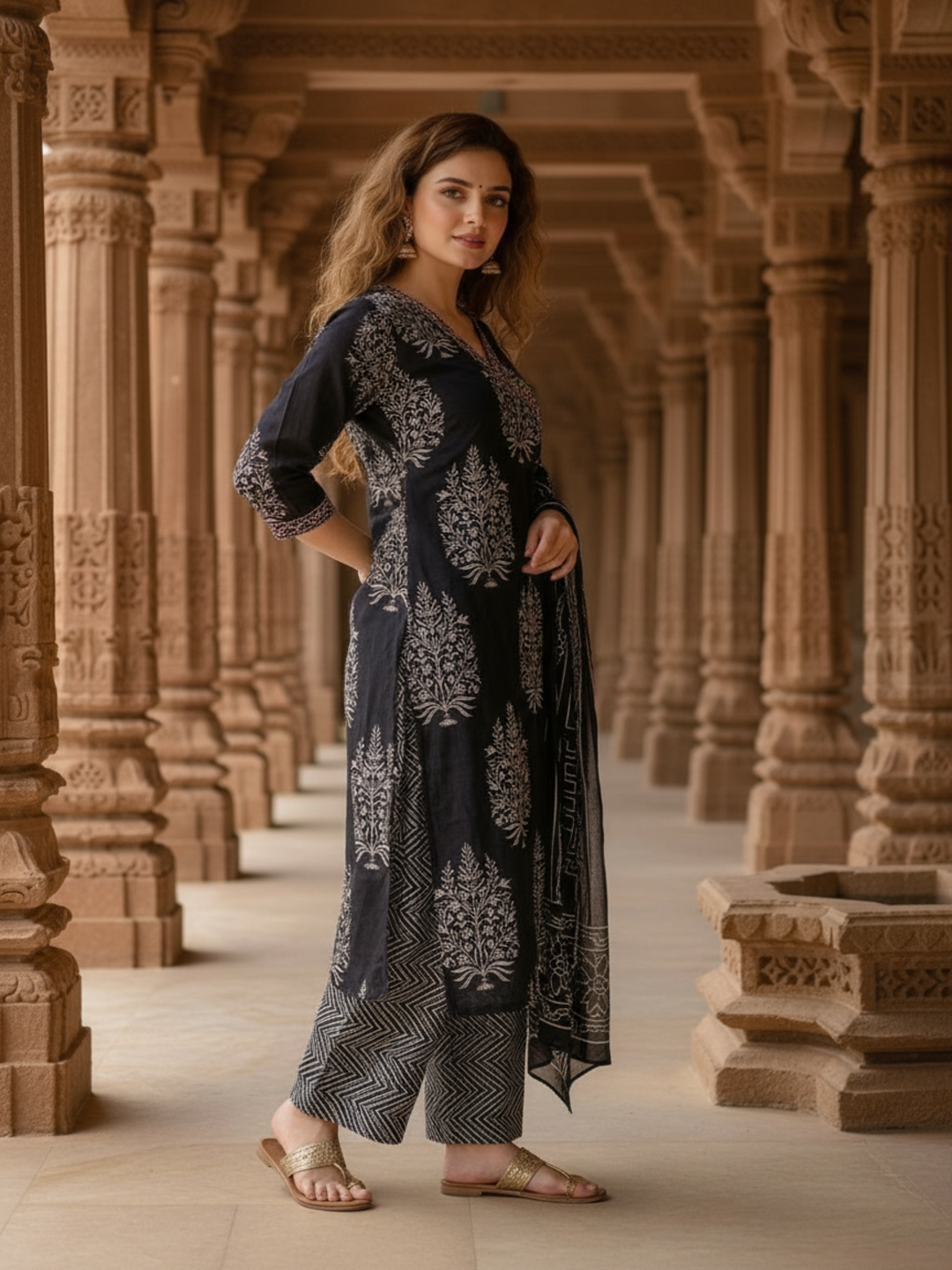 Black Floral Printed Kantha Work A-Line Kurta with Palazzo & Dupatta