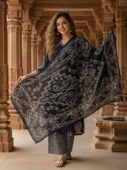Black Floral Printed Kantha Work A-Line Kurta with Palazzo & Dupatta