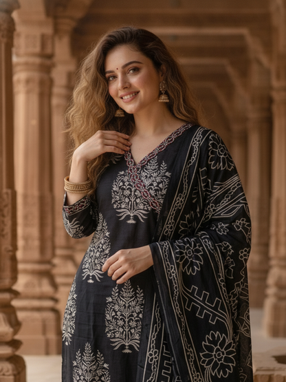 Black Floral Printed Kantha Work A-Line Kurta with Palazzo & Dupatta