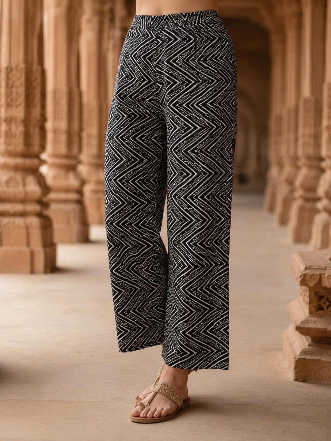 Black Floral Printed Kantha Work A-Line Kurta with Palazzo & Dupatta