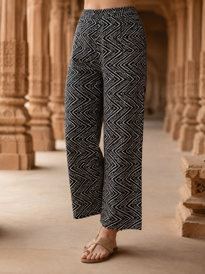 Black Floral Printed Kantha Work A-Line Kurta with Palazzo & Dupatta