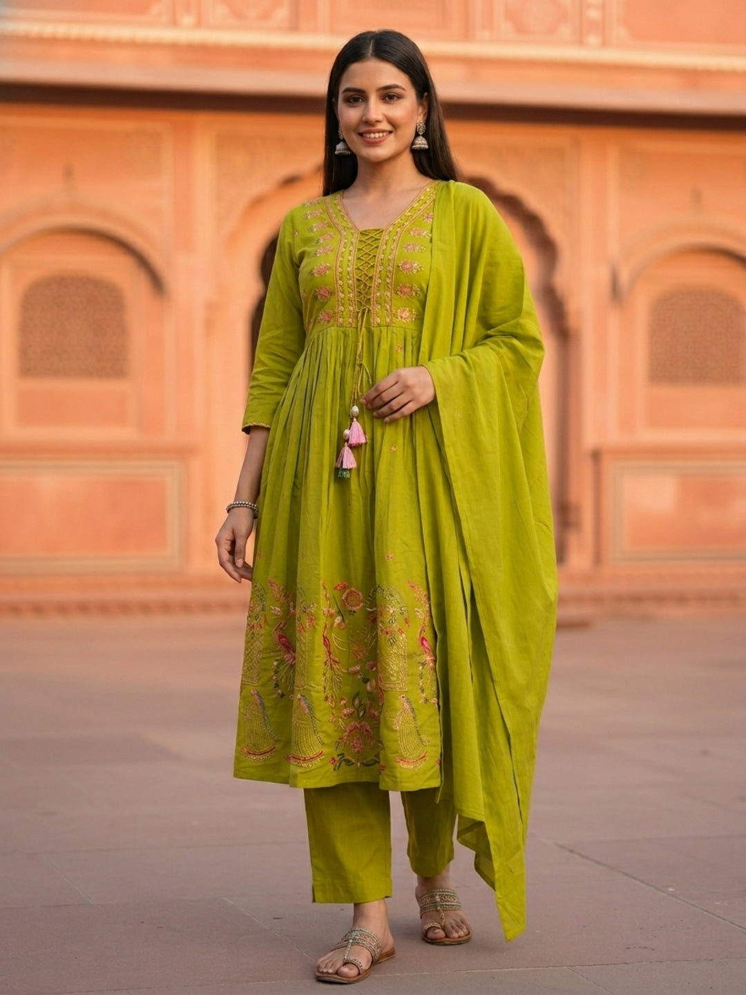 Lime Green Floral Embroidered A-Line Pleated Kurta with Pant & Dupatta