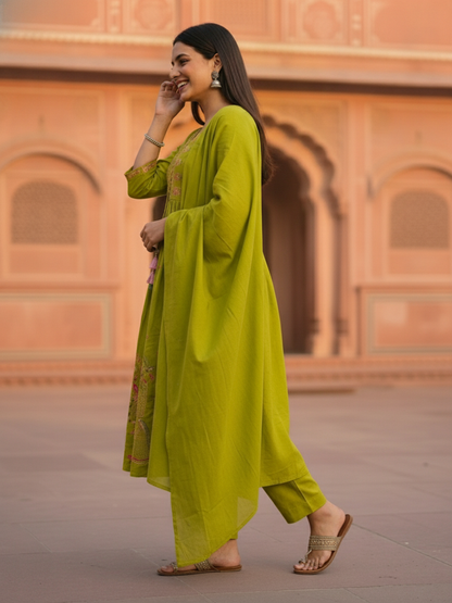 Lime Green Floral Embroidered A-Line Pleated Kurta with Pant & Dupatta