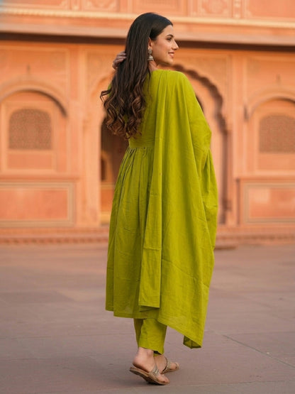 Lime Green Floral Embroidered A-Line Pleated Kurta with Pant & Dupatta