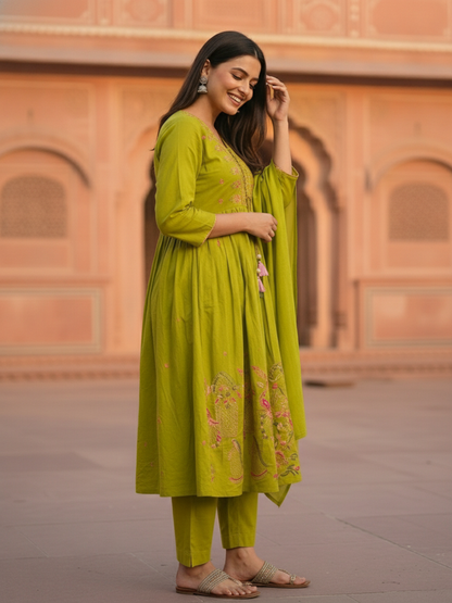 Lime Green Floral Embroidered A-Line Pleated Kurta with Pant & Dupatta