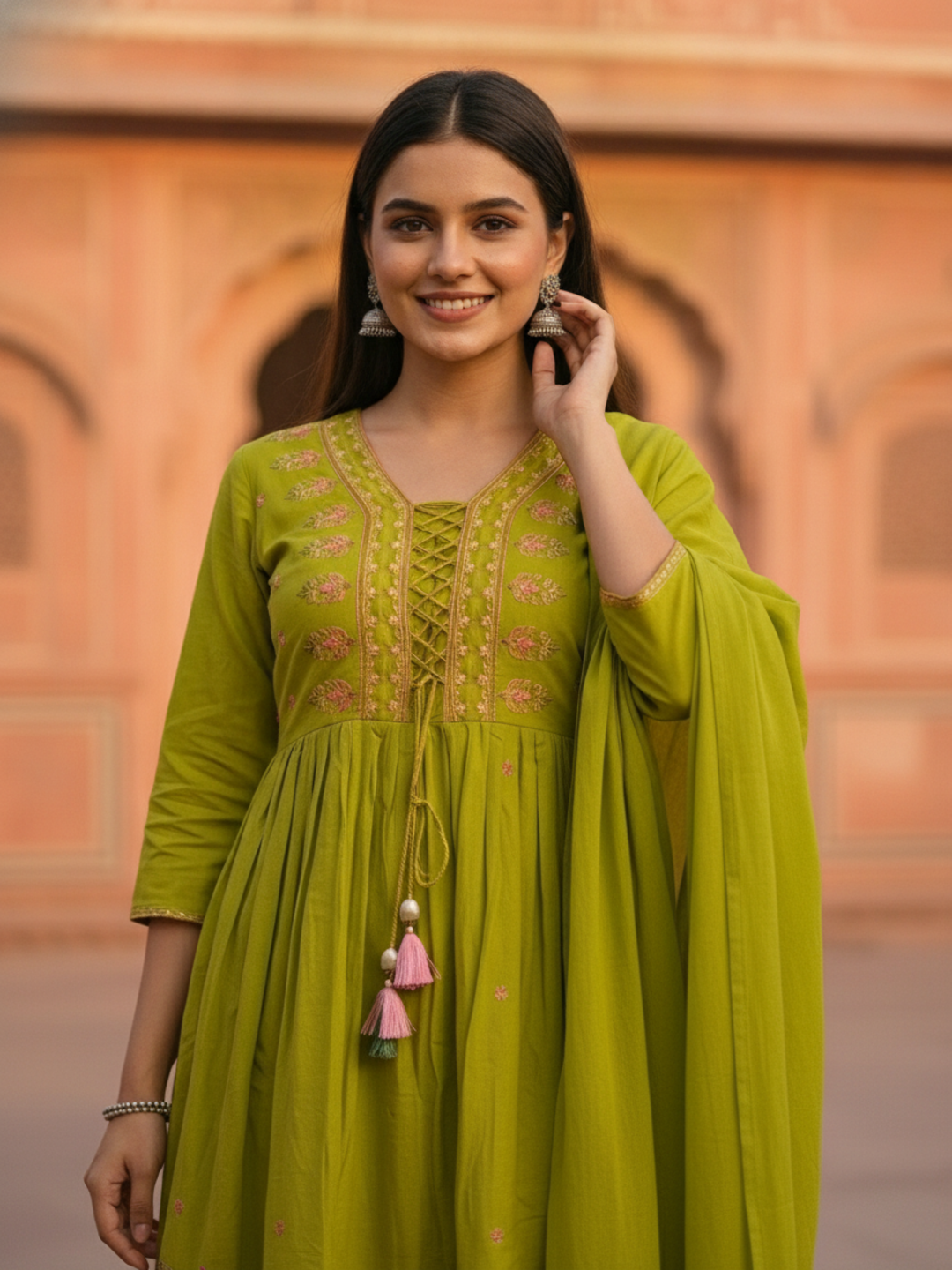 Lime Green Floral Embroidered A-Line Pleated Kurta with Pant & Dupatta