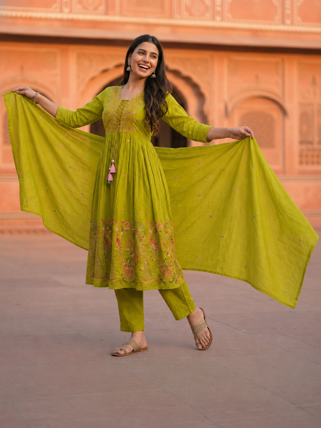 Lime Green Floral Embroidered A-Line Pleated Kurta with Pant & Dupatta
