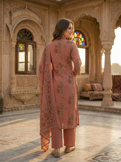 Floral Printed Embroidered Pleated A-Line Kurta with Palazzo and Dupatta - Rose Gold