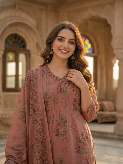 Floral Printed Embroidered Pleated A-Line Kurta with Palazzo and Dupatta - Rose Gold