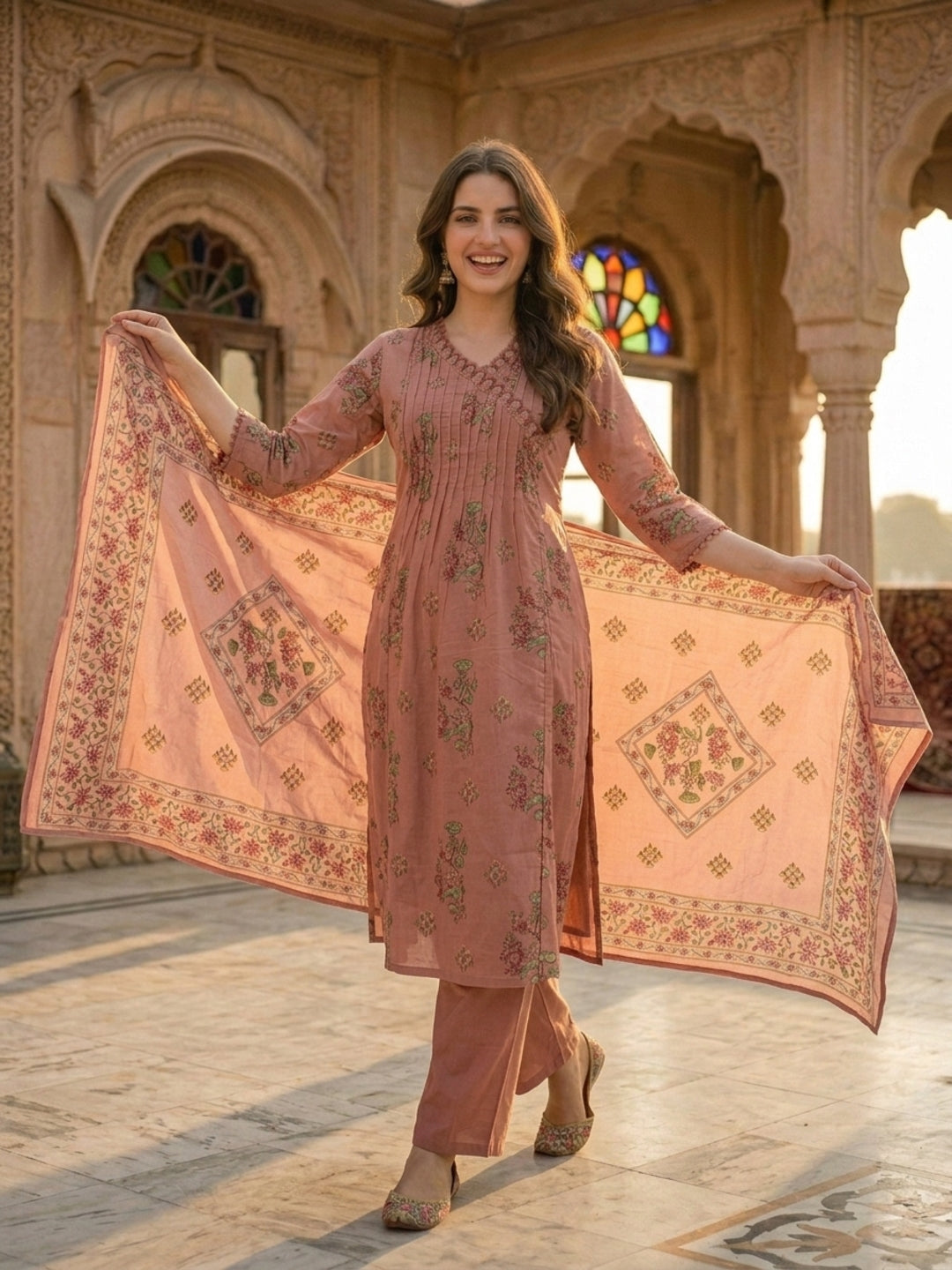 Floral Printed Embroidered Pleated A-Line Kurta with Palazzo and Dupatta - Rose Gold