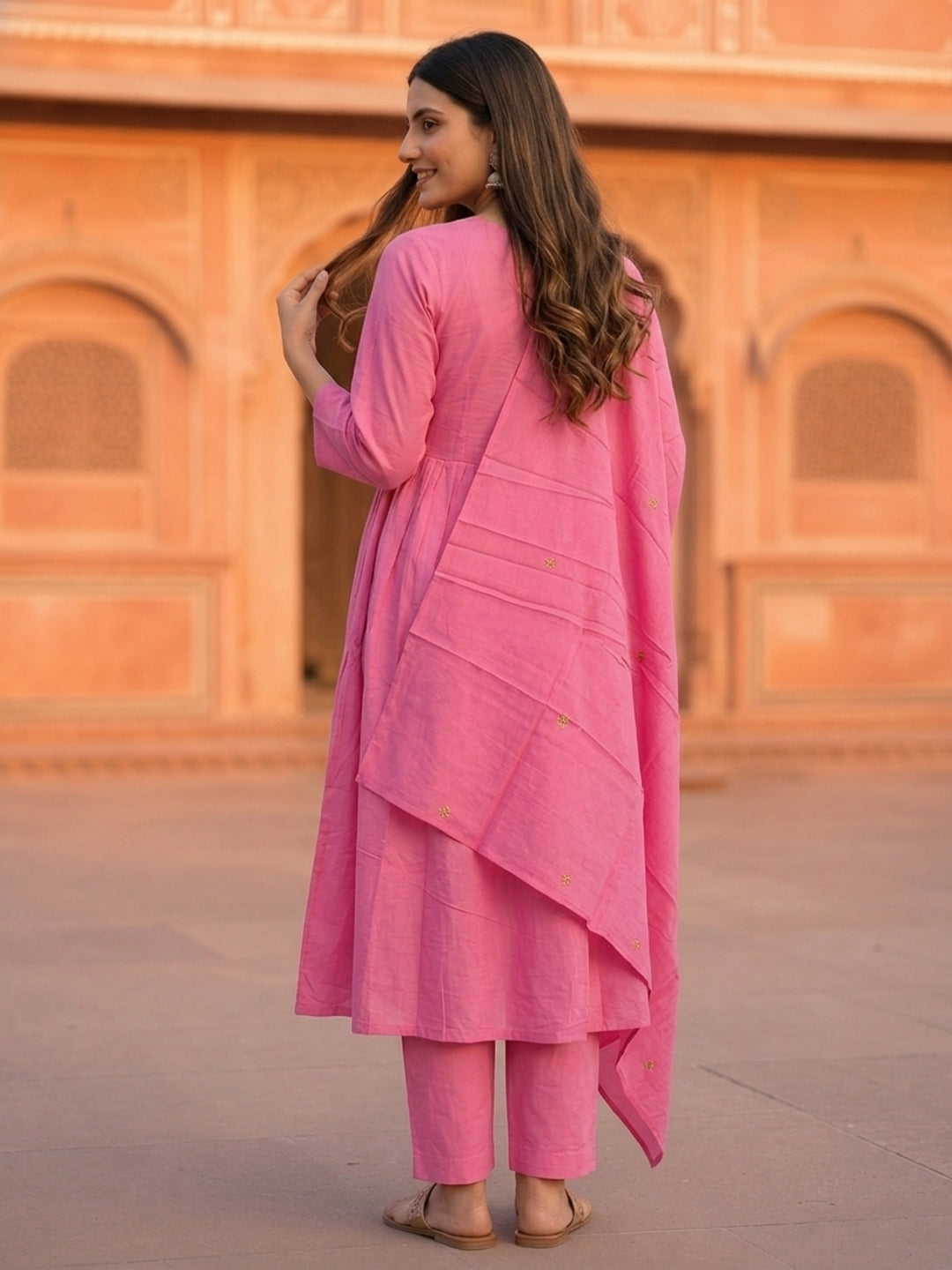 Pink Floral Embroidered A-Line Pleated Kurta with Pant & Dupatta