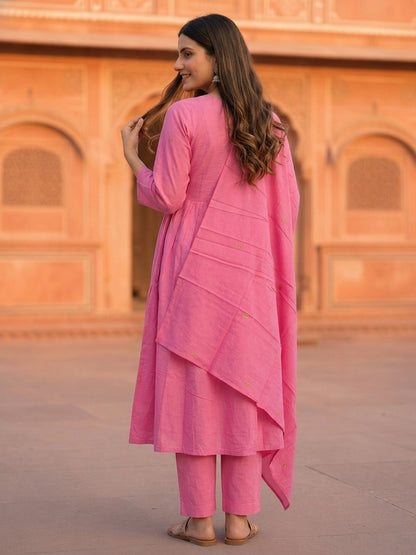 Pink Floral Embroidered A-Line Pleated Kurta with Pant & Dupatta