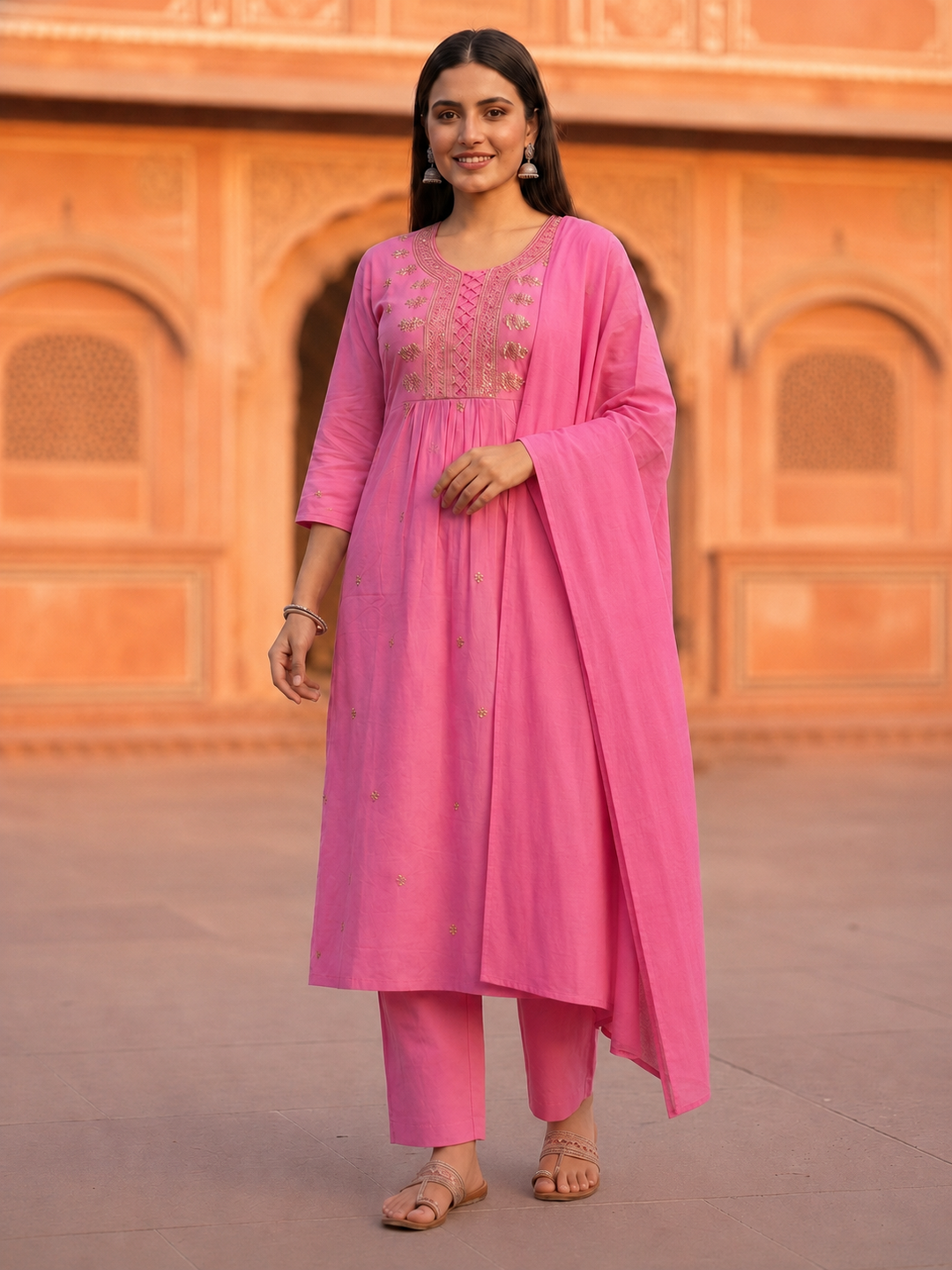 Pink Floral Embroidered A-Line Pleated Kurta with Pant & Dupatta