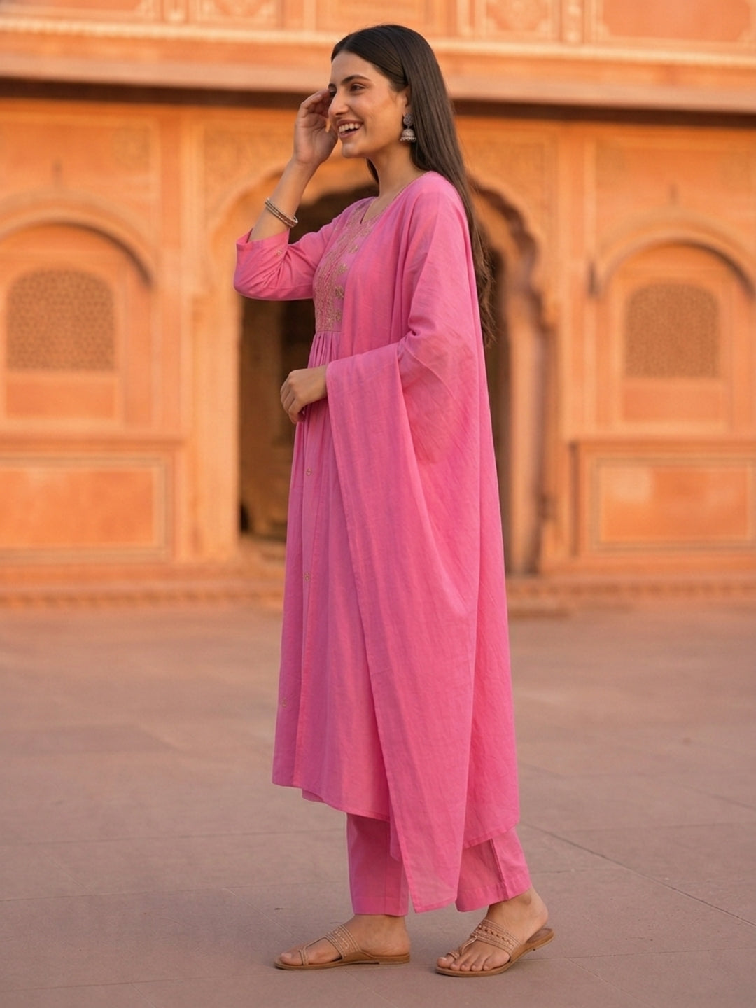 Pink Floral Embroidered A-Line Pleated Kurta with Pant & Dupatta