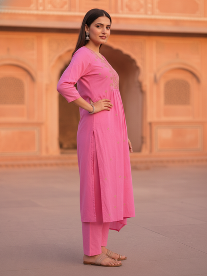 Pink Floral Embroidered A-Line Pleated Kurta with Pant & Dupatta