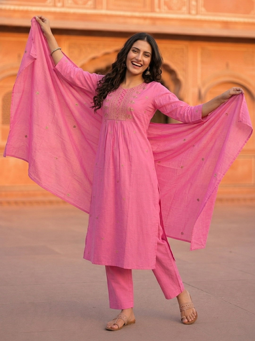 Pink Floral Embroidered A-Line Pleated Kurta with Pant & Dupatta
