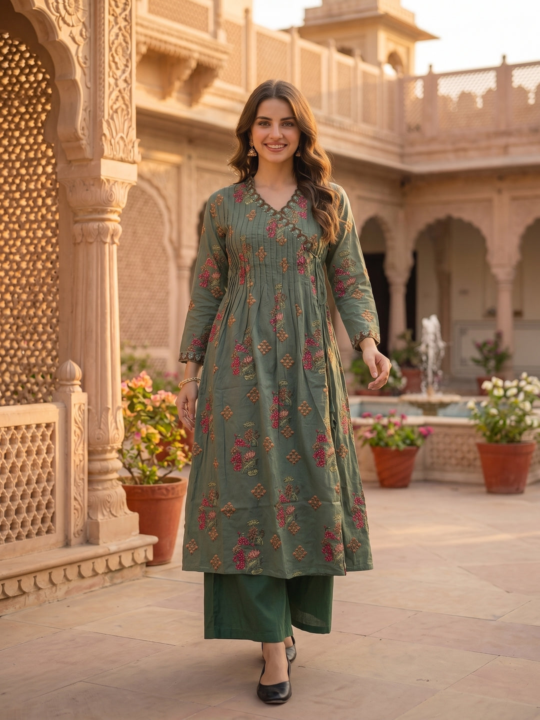 Floral Printed Embroidered Pleated A-Line Kurta with Palazzo and Dupatta - Green