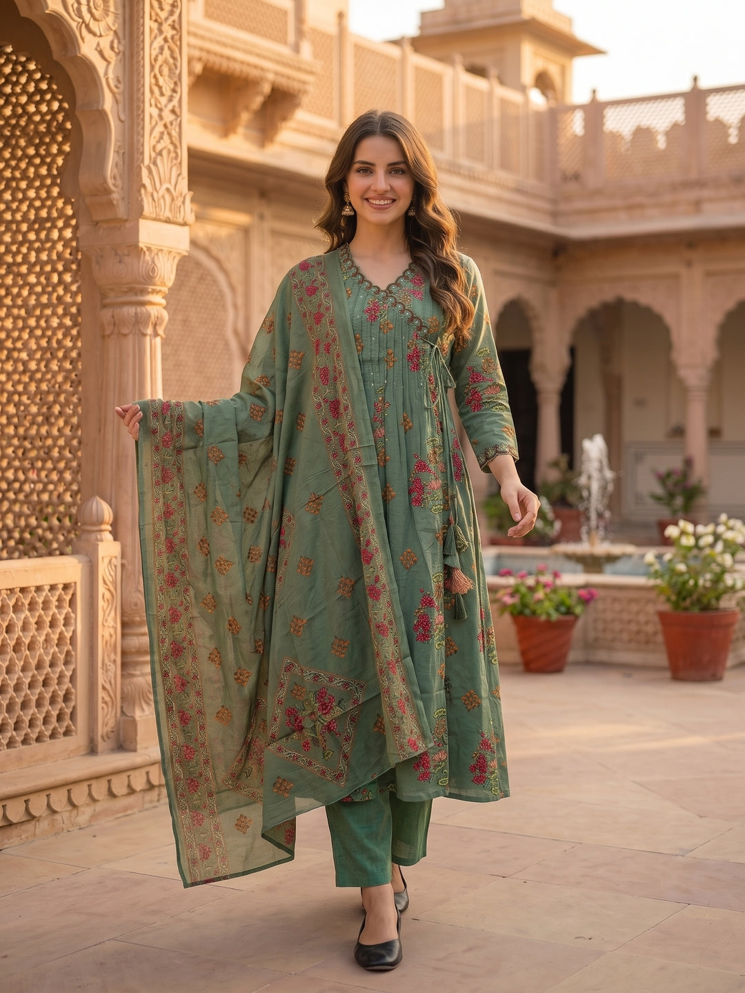 Floral Printed Embroidered Pleated A-Line Kurta with Palazzo and Dupatta - Green
