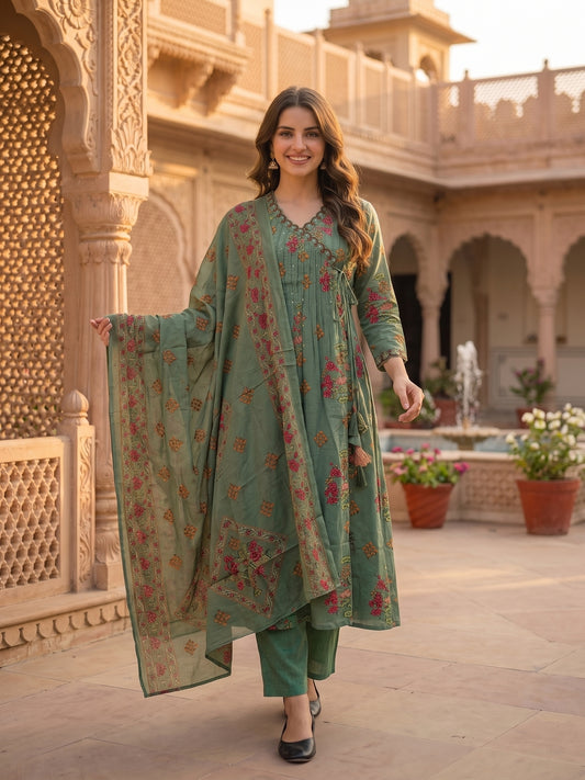 Floral Printed Embroidered Pleated A-Line Kurta with Palazzo and Dupatta - Green