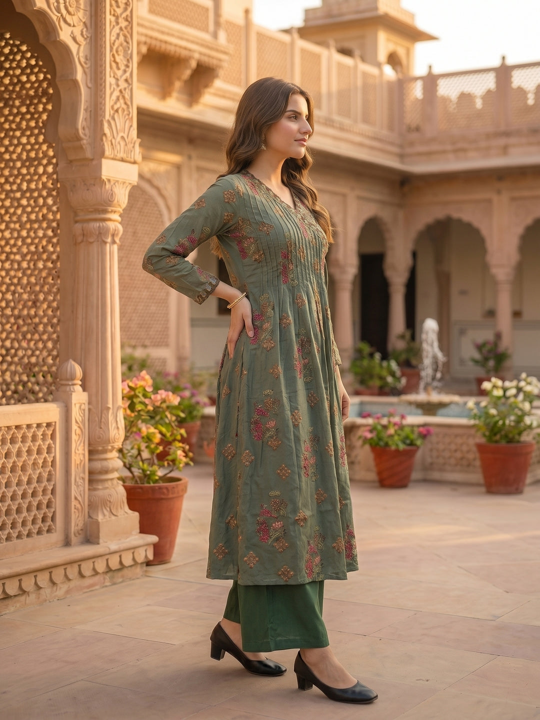 Floral Printed Embroidered Pleated A-Line Kurta with Palazzo and Dupatta - Green