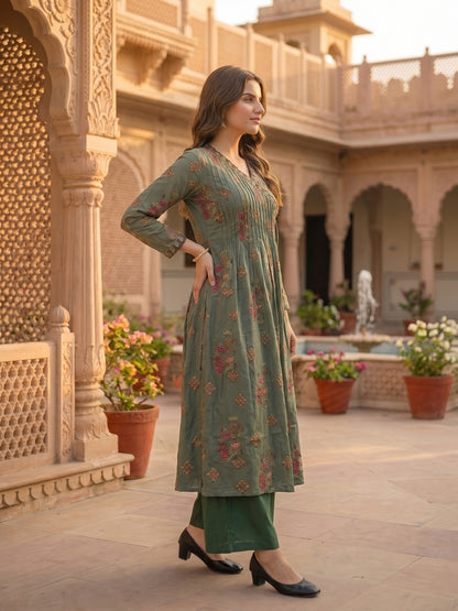 Floral Printed Embroidered Pleated A-Line Kurta with Palazzo and Dupatta - Green