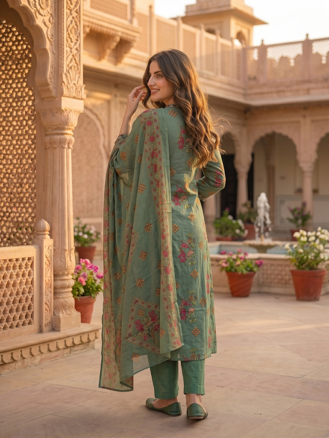 Floral Printed Embroidered Pleated A-Line Kurta with Palazzo and Dupatta - Green