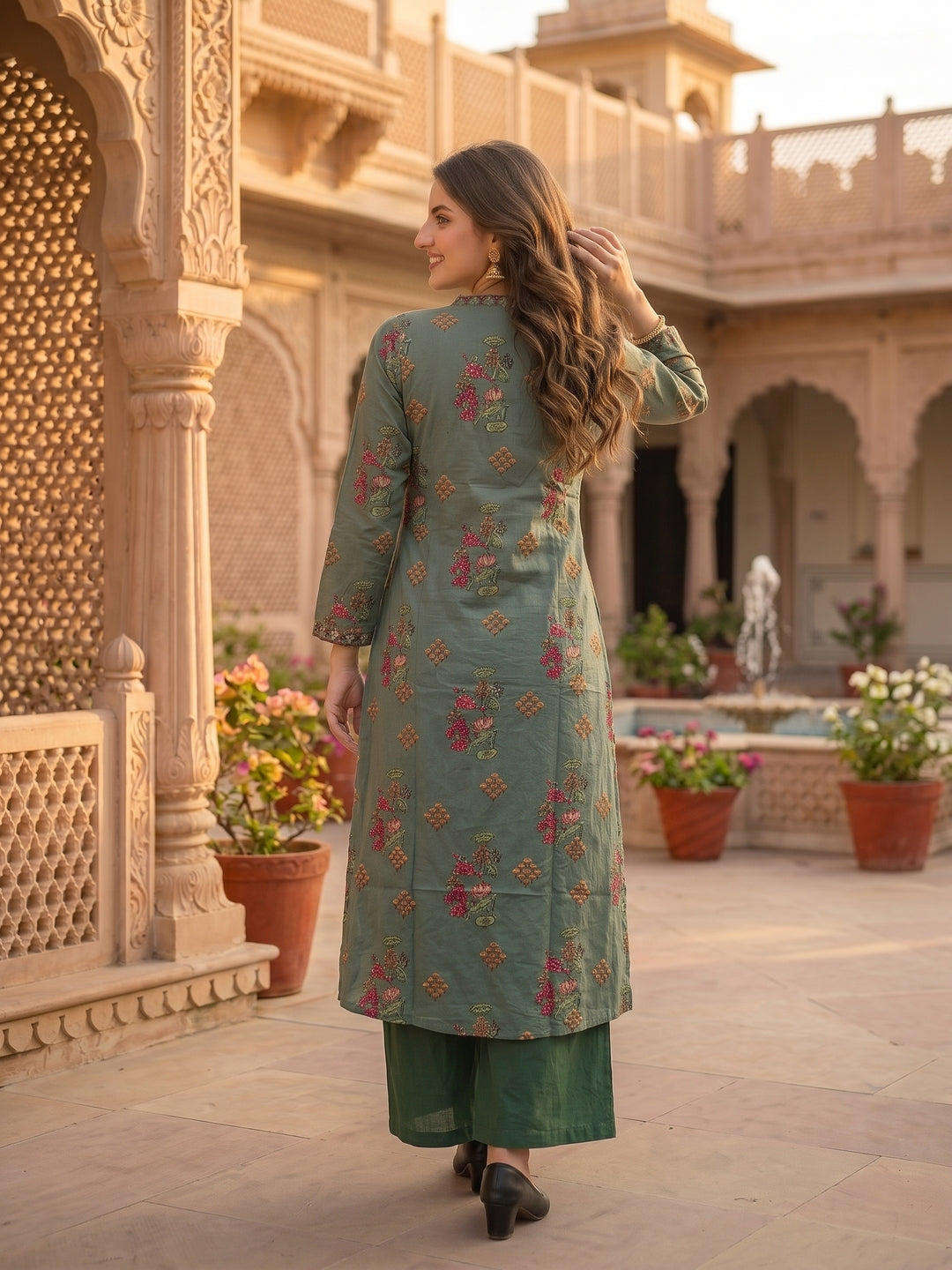 Floral Printed Embroidered Pleated A-Line Kurta with Palazzo and Dupatta - Green