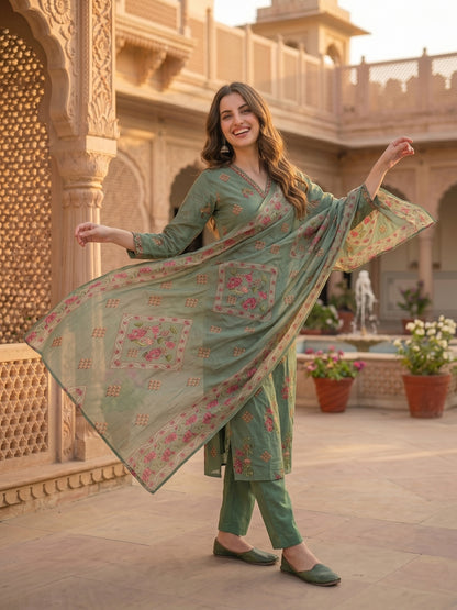 Floral Printed Embroidered Pleated A-Line Kurta with Palazzo and Dupatta - Green
