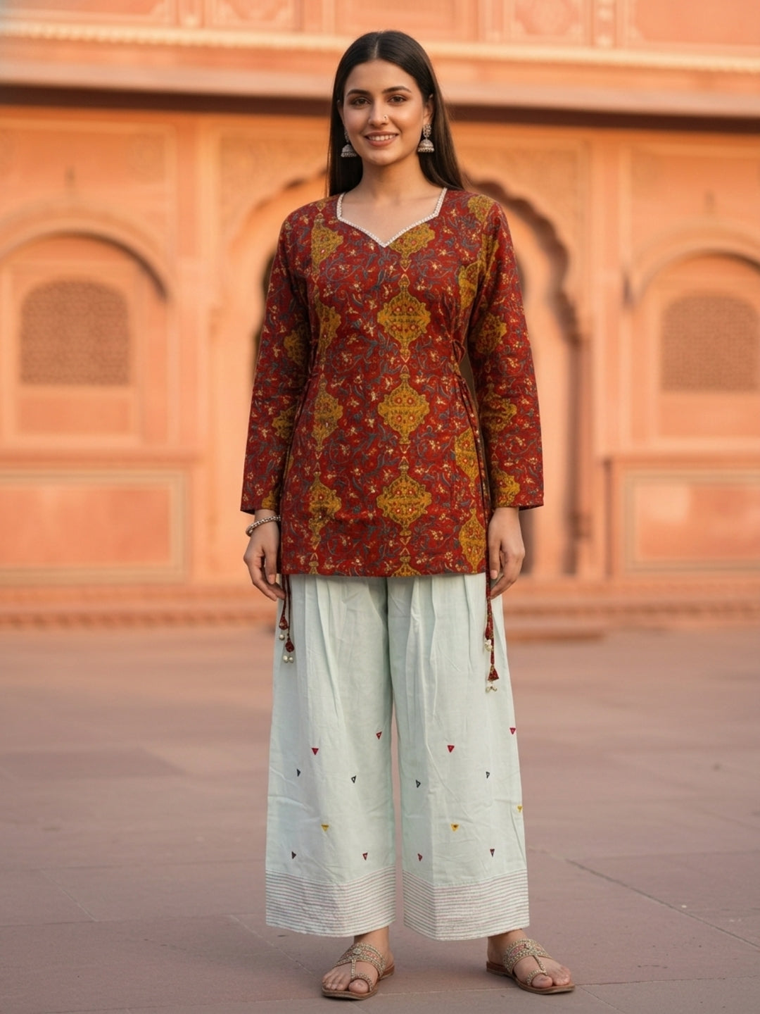 Floral Printed A-Line Fitted Kurta with Salwar - Rust