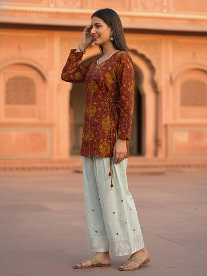 Floral Printed A-Line Fitted Kurta with Salwar - Rust