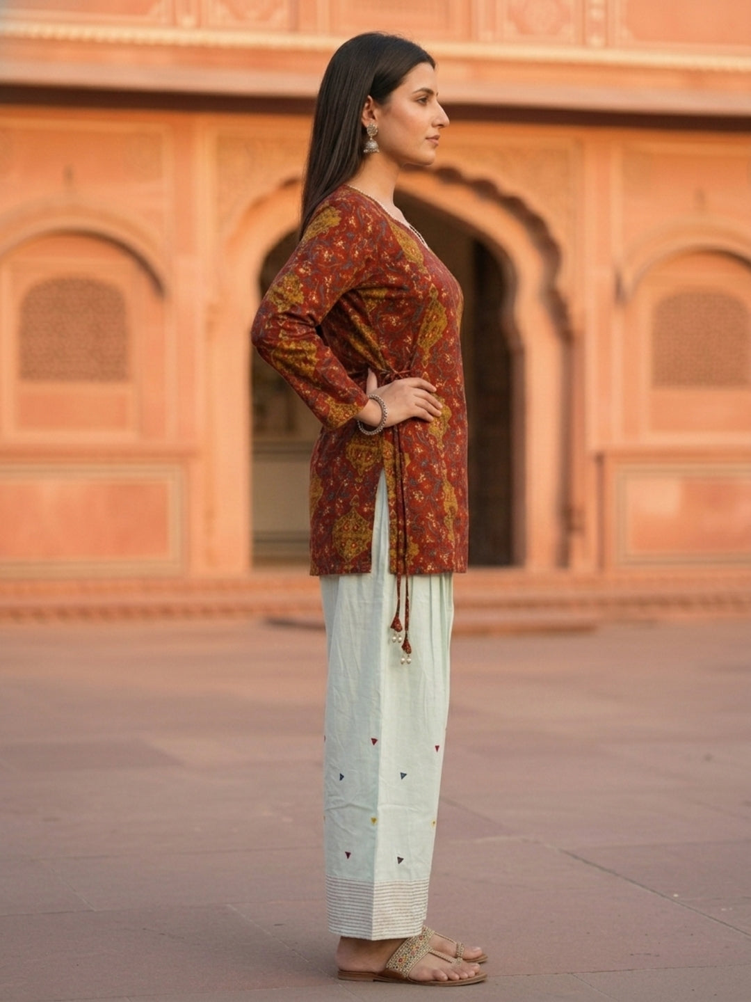 Floral Printed A-Line Fitted Kurta with Salwar - Rust