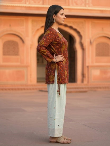 Floral Printed A-Line Fitted Kurta with Salwar - Rust