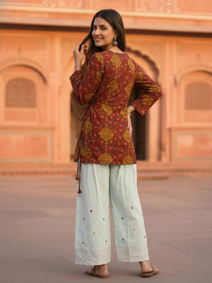 Floral Printed A-Line Fitted Kurta with Salwar - Rust