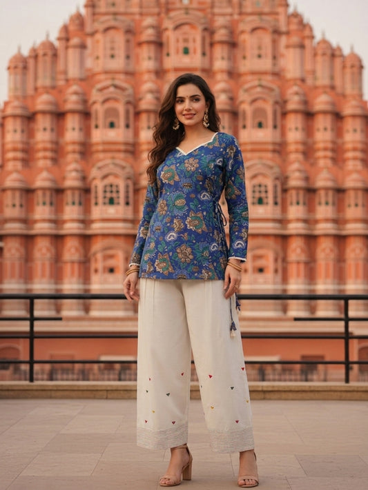 Floral Printed A-Line Fitted Kurta with Salwar - Blue