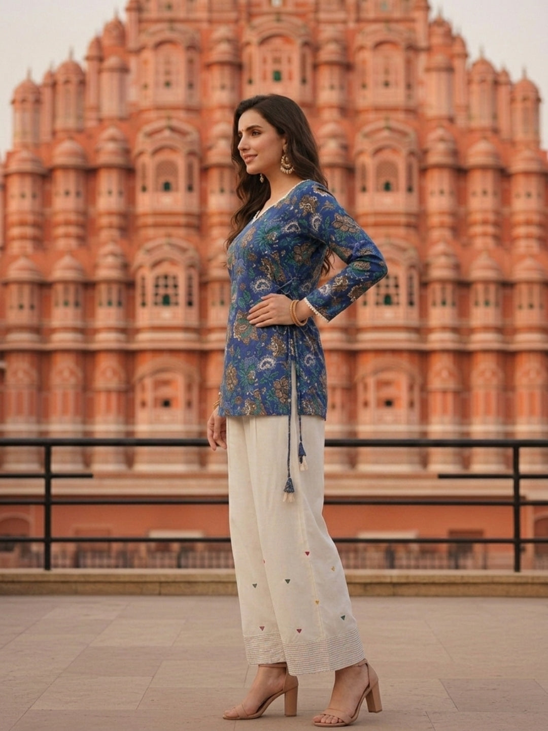 Floral Printed A-Line Fitted Kurta with Salwar - Blue